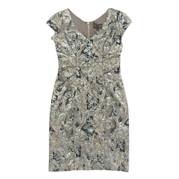 THEIA Brocade Design Metallic Silver Gray Floral Cocktail Dress Size 8 NWOT - Picture 2 of 15